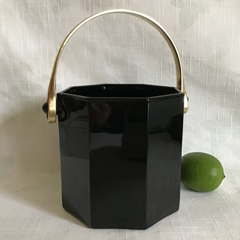 Vintage Octime Black Glass Ice Bucket Octagonal Shape